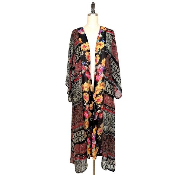 Umgee Kimono Duster Floral Boho Jacket S/M Mixed Paisley Patchwork Boho Festival - Picture 2 of 9